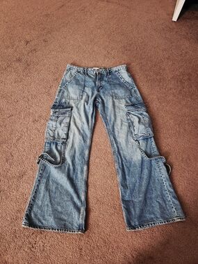 Zara Light Blue Denim Cargo Wide Leg Jeans